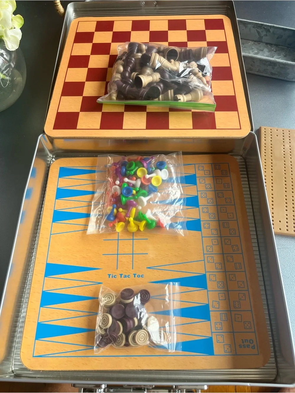 Classic Chess and Board Game Set - Red and Natural with carry case